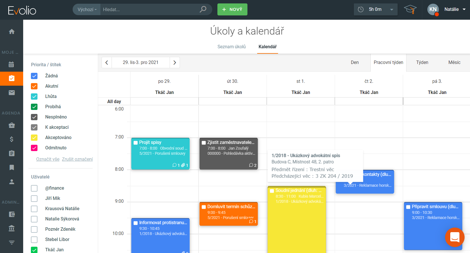 Planning calendar with lawyer meetings